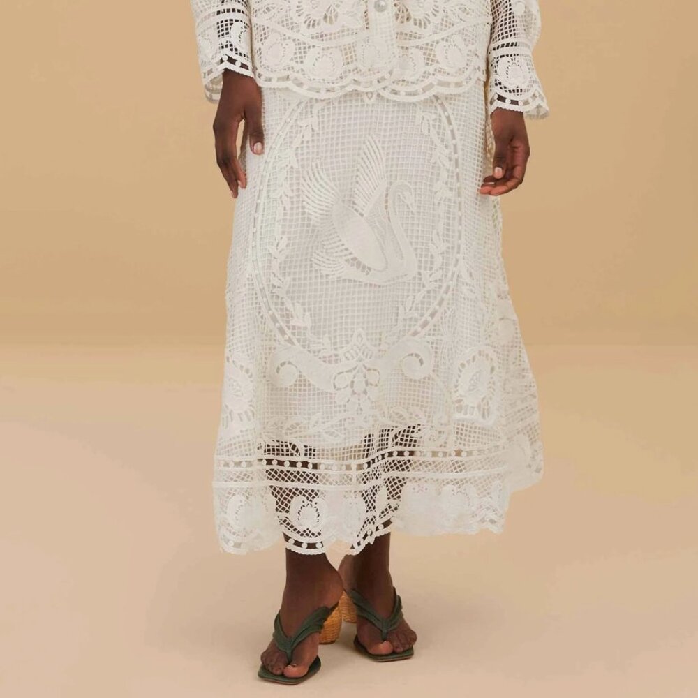 NWT Farm Rio White Swan Lake Guipure Midi Skirt Size S